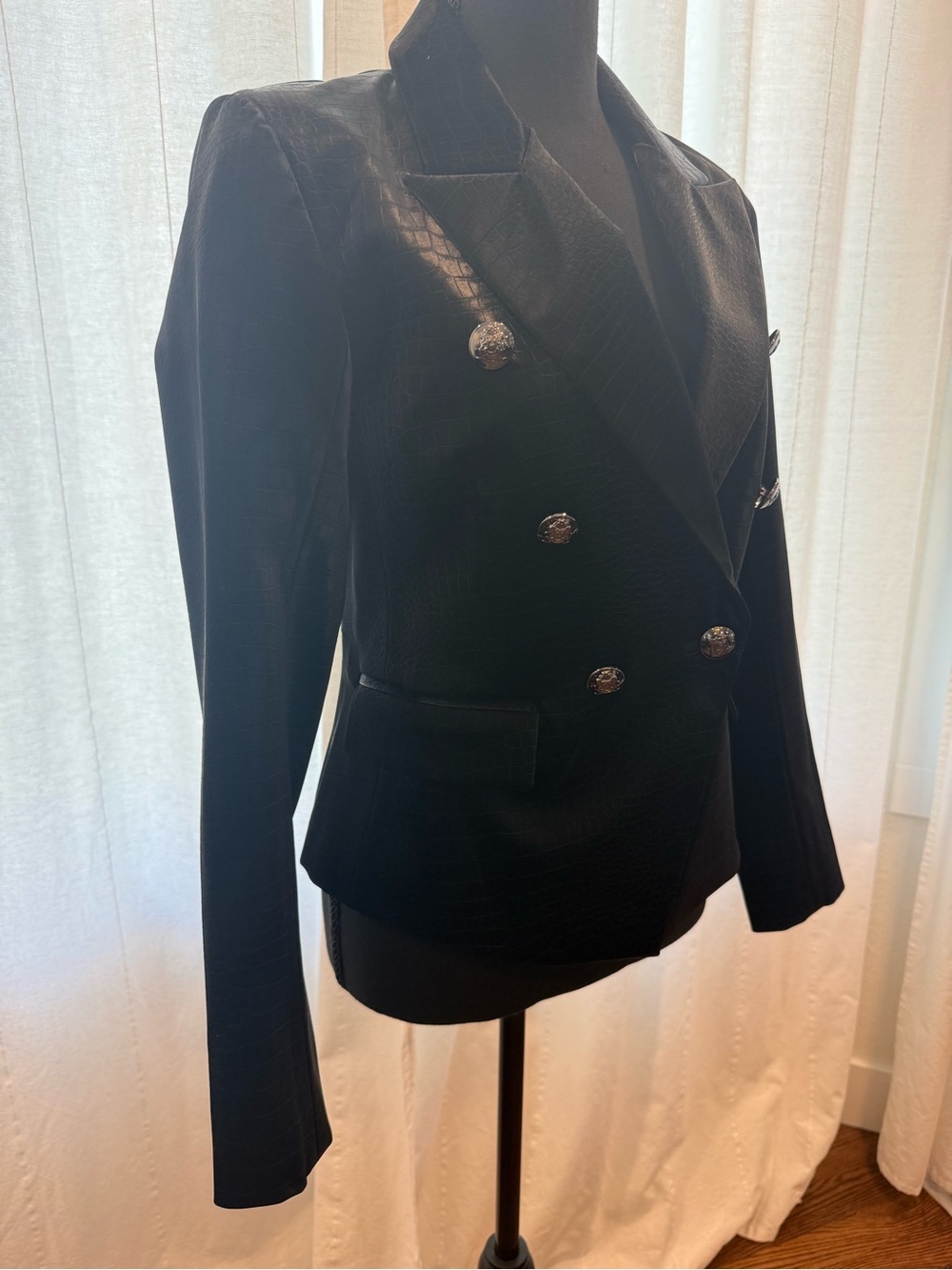French Connection Black Croc-Embossed Double-Breasted Blazer